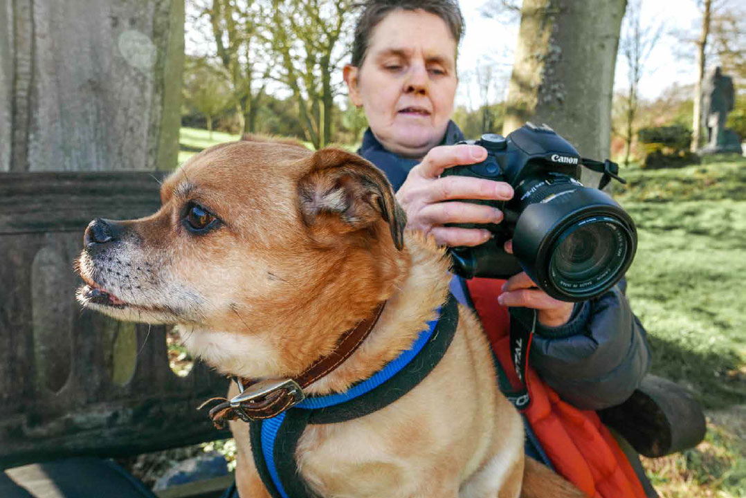 A woman holding a camera looking at its screen is sitting behind a small dog.