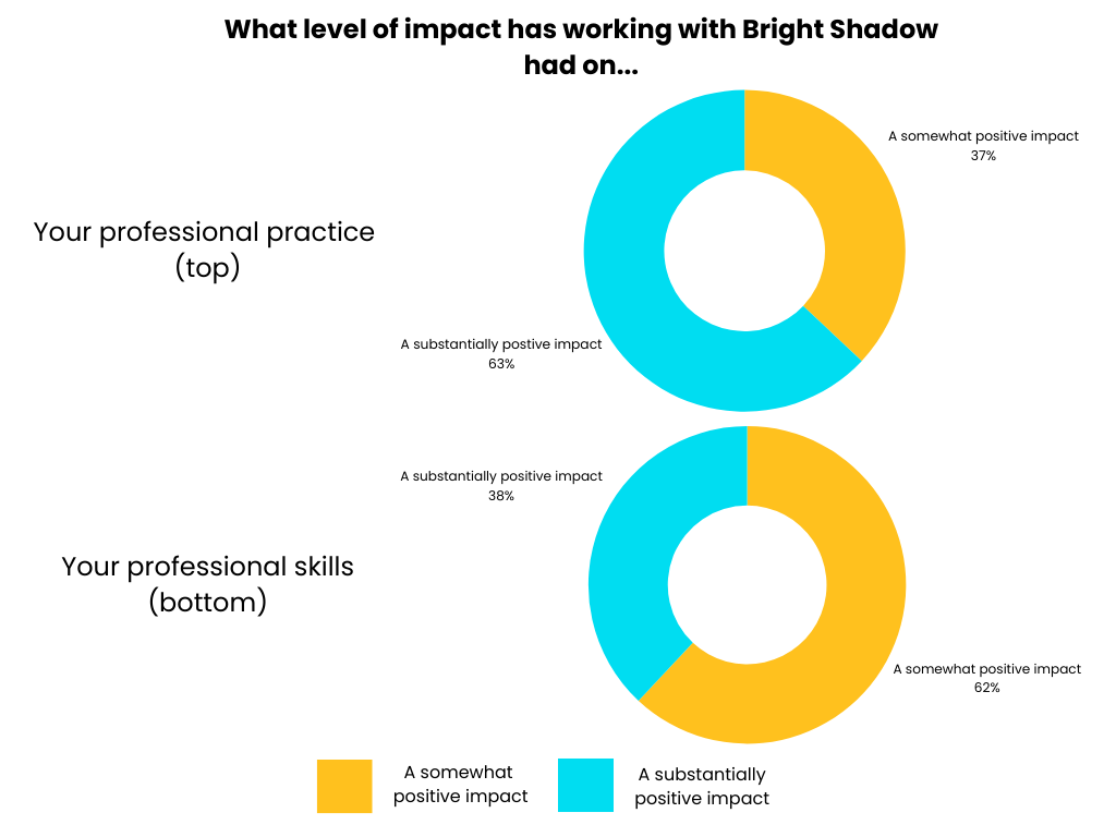 2 pie charts showing the impact of Bright Shadow on artists' professional practice. 37% said there was a somewhat positive impact, and 63% said there was a substantially positive impact. When asked about skills, 62% reported a somewhat positive impact and 38% reported a substantially positive impact.
