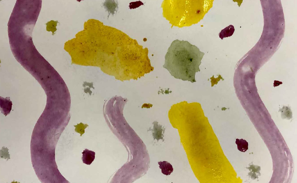 advocacy-footer-2 A close up photo of an abstract painting in purple, yellow and green. Two vertical squiggle brush strokes are on either side, and between them are small splashes of paint in all 3 colours.