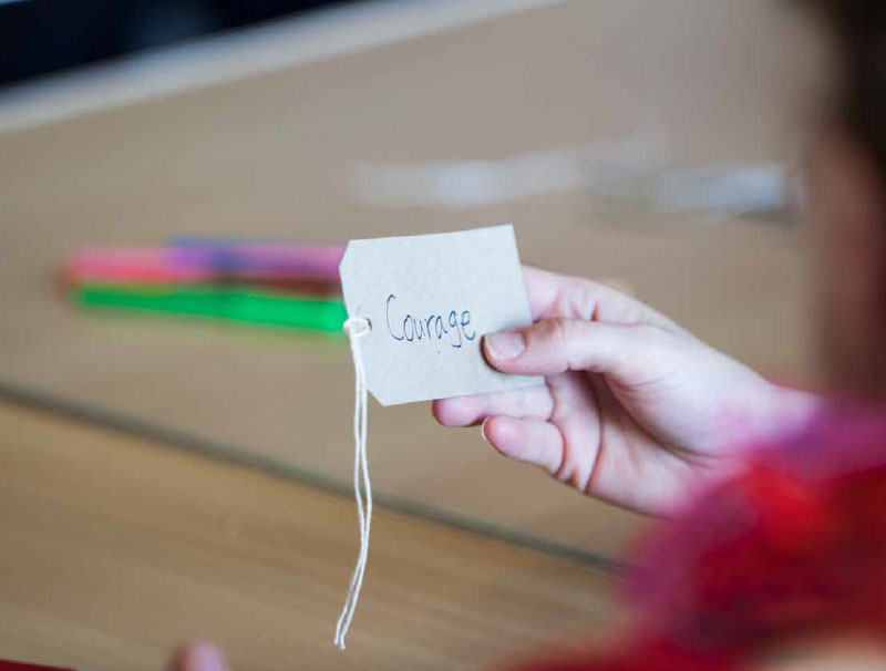 A luggage tag with the word courage written on it is held by someone. All we see of them is their hand.