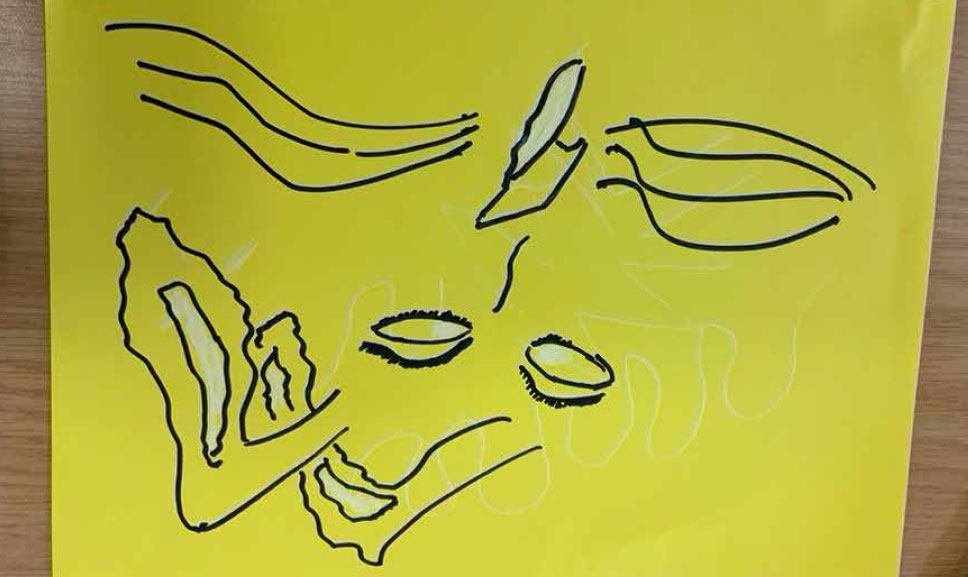 impact-footer-1 A bright yellow background has a black illustration drawn on top of it. The drawing is abstract, you can see two eyes amongst other lines and shapes