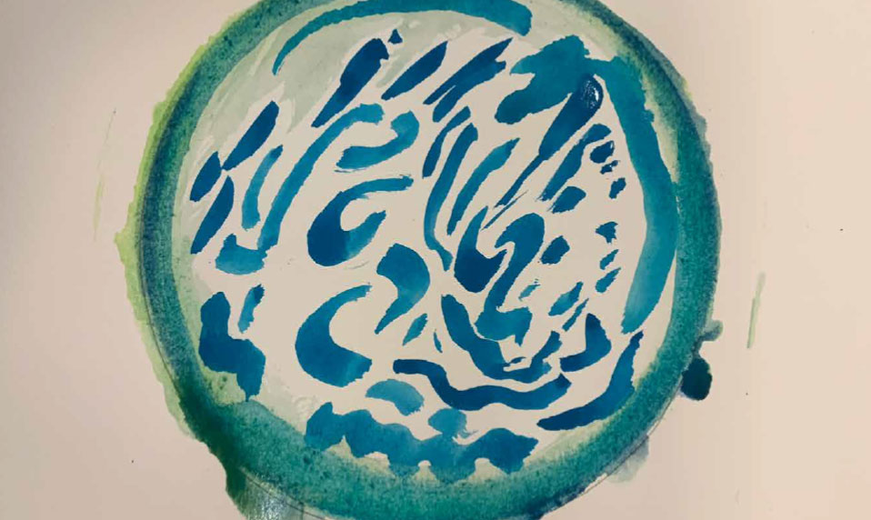 volunteer-footer-2 A painted green circle encloses an abstract painted pattern of swirls, semi-circles and lines in blue paint.