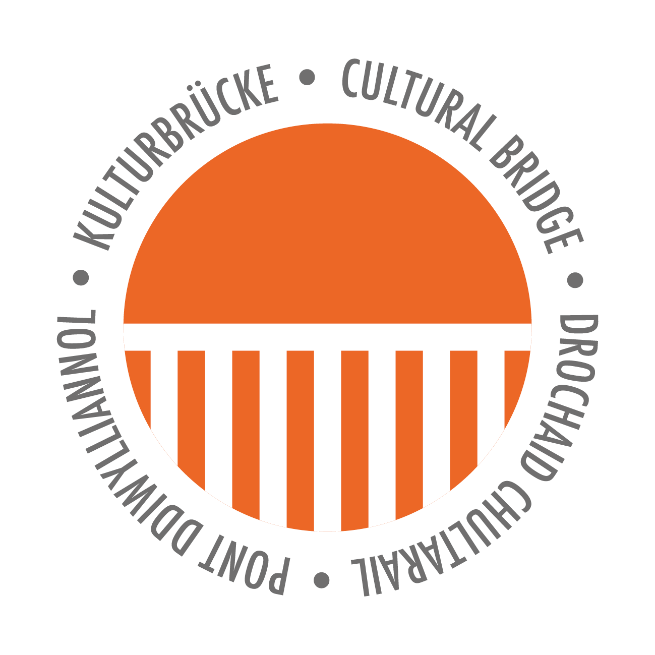 Cultural Bridge logo Cultural Bridge logo: an orange circle, with vertical white lines in the bottom half. There are words in grey around the circumference: Cultural Bridge, Drochaid Chultarail, Pont Ddiwyilliannol, Kulturbrücke